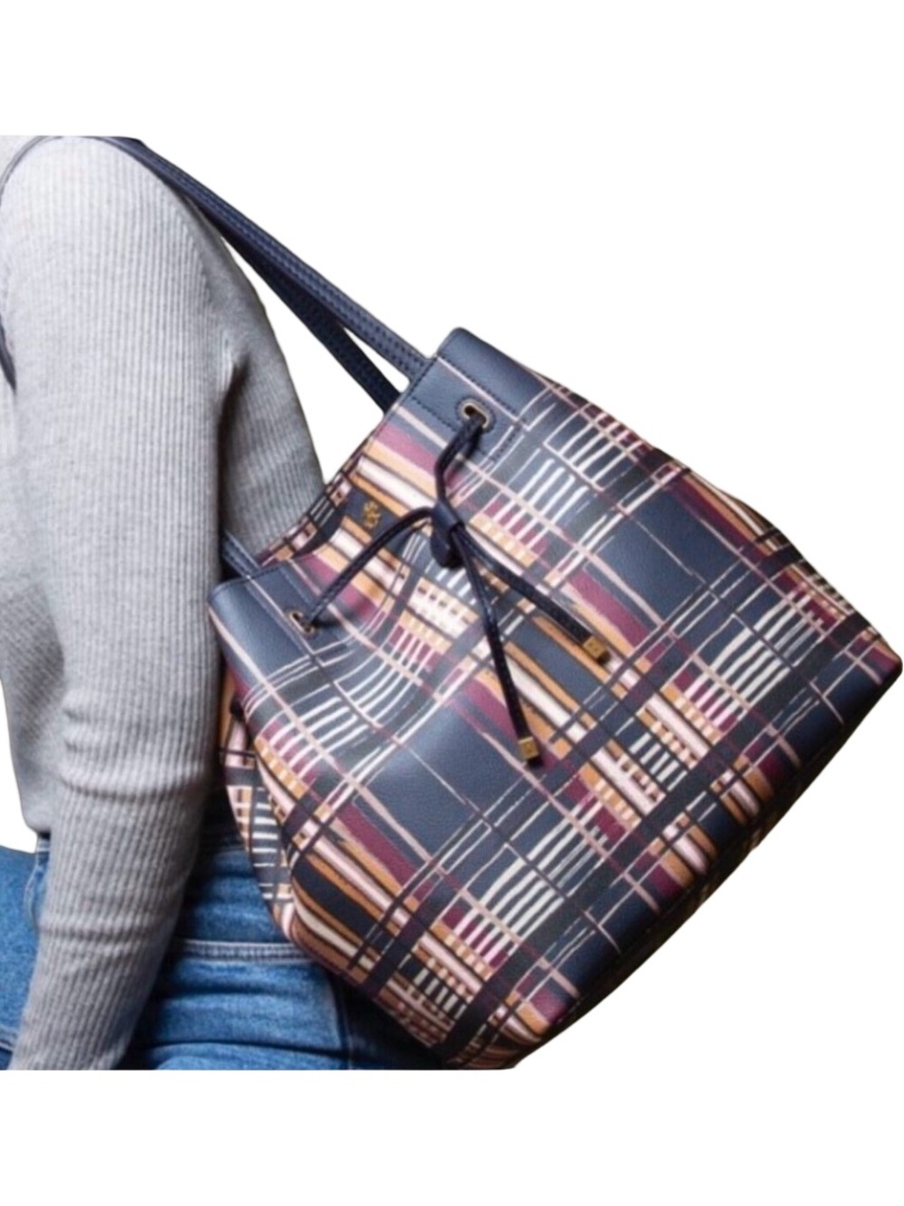 Tory Burch Kerrington Drawstring Tote Philly Plaid